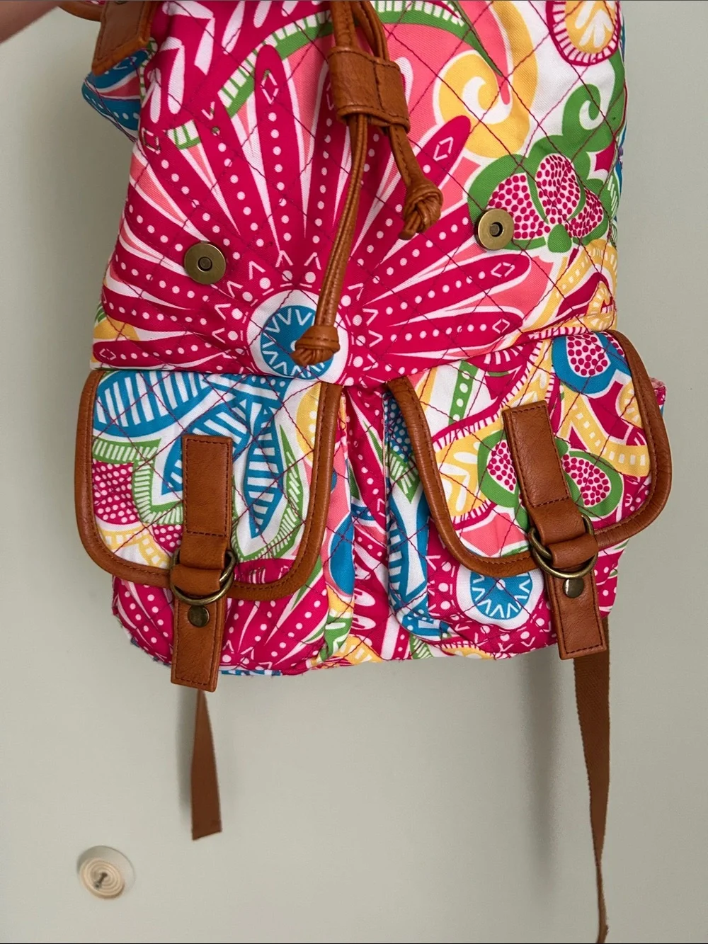 Vibrant Pink Multi-Color Printed Backpack with Brown Trim
